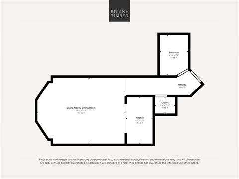 A floor plan for a home with a living room, dining room, kitchen, and bathroom.